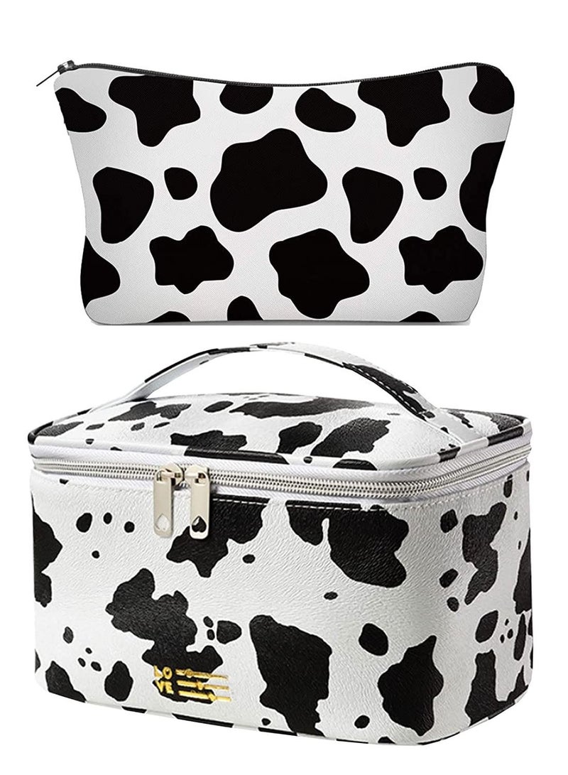 KASTWAVE Makeup Bag Set Cosmetic Bag Organizer Small Travel Make Up Pouch Organizer Toiletry Bags for Purse Women Girls 2PACK (Cute Cow Print) - Image 1