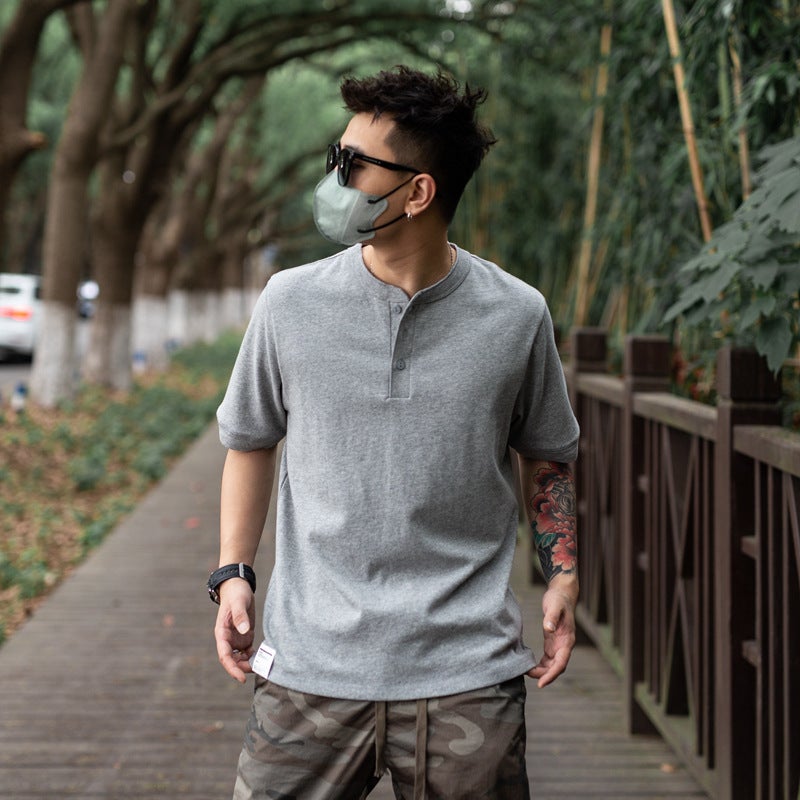 Summer American Retro Men's Ami Kaji Heavy 280g Sand Washing Tough Guy Henry Collar Short Sleeve T-shirt - Image 5