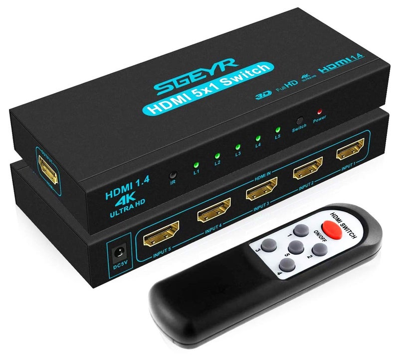 SGEYR HDMI Switch SGEYR 5x1 HDMI Switcher 5 in 1 Out HDMI Switch Selector 5 Port Box with IR Remote Control HDMI 1.4 HDCP 1.4 Support 4K@30Hz Ultra HD 3D 2160P 1080P - Image 1
