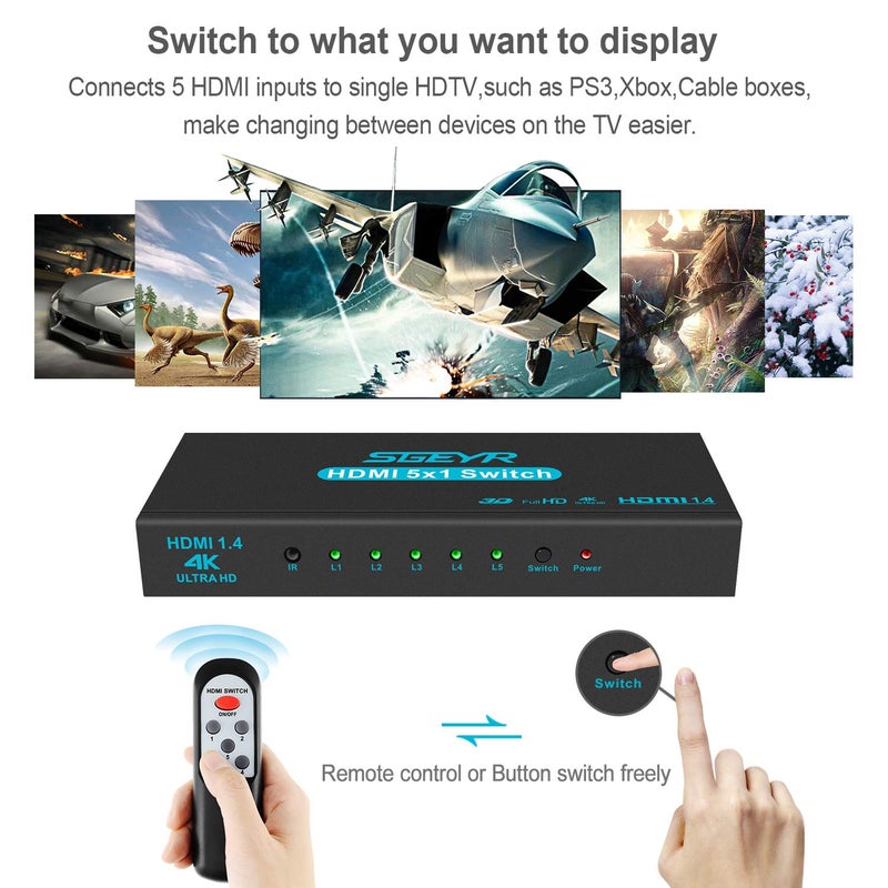 SGEYR HDMI Switch SGEYR 5x1 HDMI Switcher 5 in 1 Out HDMI Switch Selector 5 Port Box with IR Remote Control HDMI 1.4 HDCP 1.4 Support 4K@30Hz Ultra HD 3D 2160P 1080P - Image 5