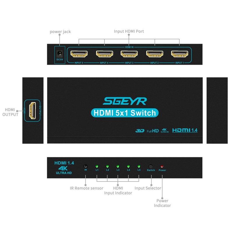 SGEYR HDMI Switch SGEYR 5x1 HDMI Switcher 5 in 1 Out HDMI Switch Selector 5 Port Box with IR Remote Control HDMI 1.4 HDCP 1.4 Support 4K@30Hz Ultra HD 3D 2160P 1080P - Image 2