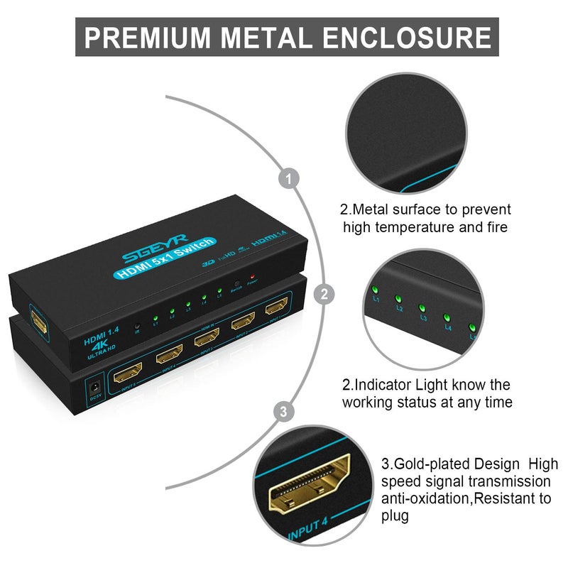 SGEYR HDMI Switch SGEYR 5x1 HDMI Switcher 5 in 1 Out HDMI Switch Selector 5 Port Box with IR Remote Control HDMI 1.4 HDCP 1.4 Support 4K@30Hz Ultra HD 3D 2160P 1080P - Image 3