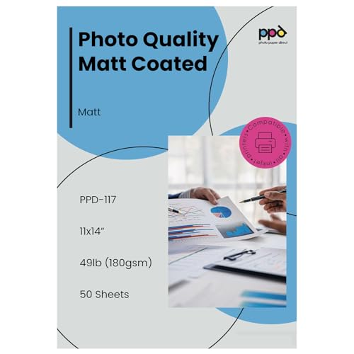 PPD 50 Sheets Inkjet Matte Photo Paper 11x14 49lbs 180gsm 9.5mil High Resolution Instant Dry Heavyweight (PPD-117-50) - Image 1