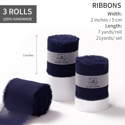 DORIS HOME Dark Navy Chiffon Ribbon for Flower Bouquet, 2" x21Yd Fabric Ribbon for Gift Wrapping, Handmade Frayed Ribbon for Wedding/Christmas Decorations - Image 3