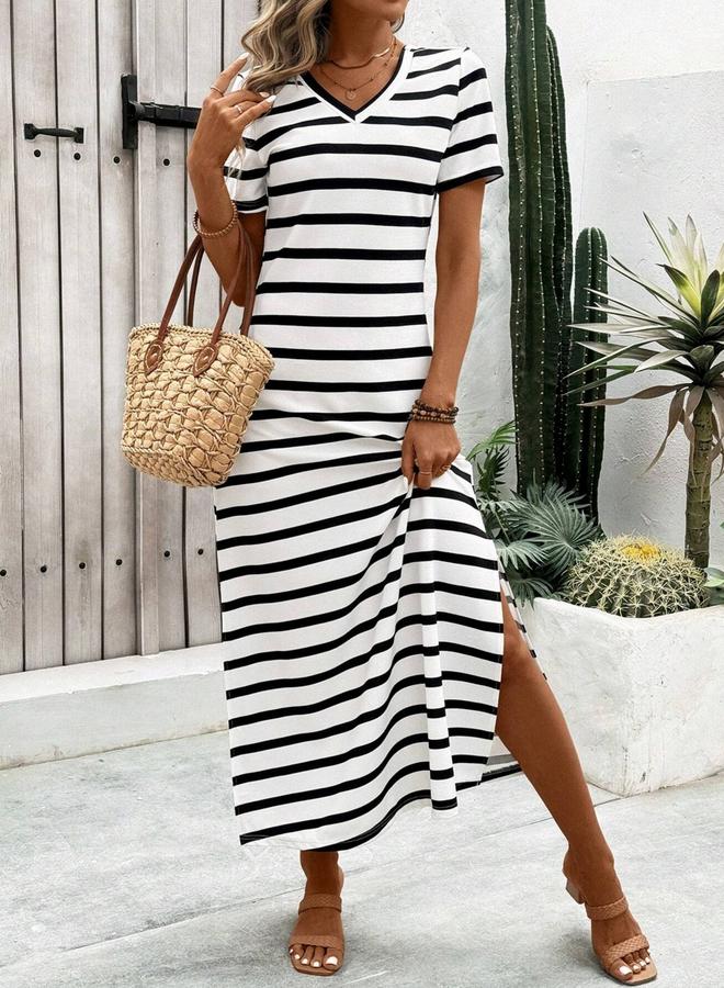 تايك تو فستان طويل مخطط بأكمام قصيرة وفتحة جانبية - Image 5