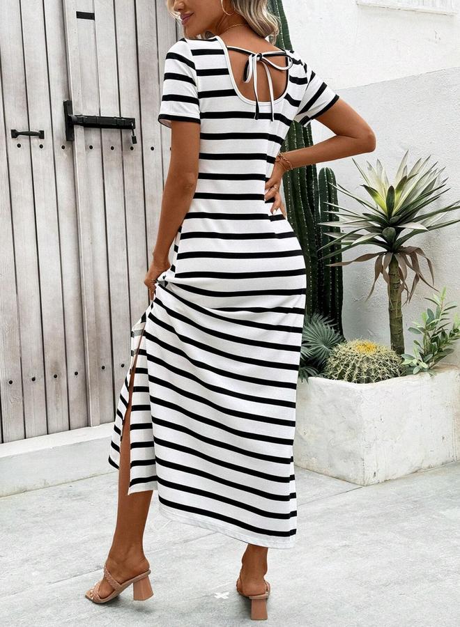 تايك تو فستان طويل مخطط بأكمام قصيرة وفتحة جانبية - Image 2