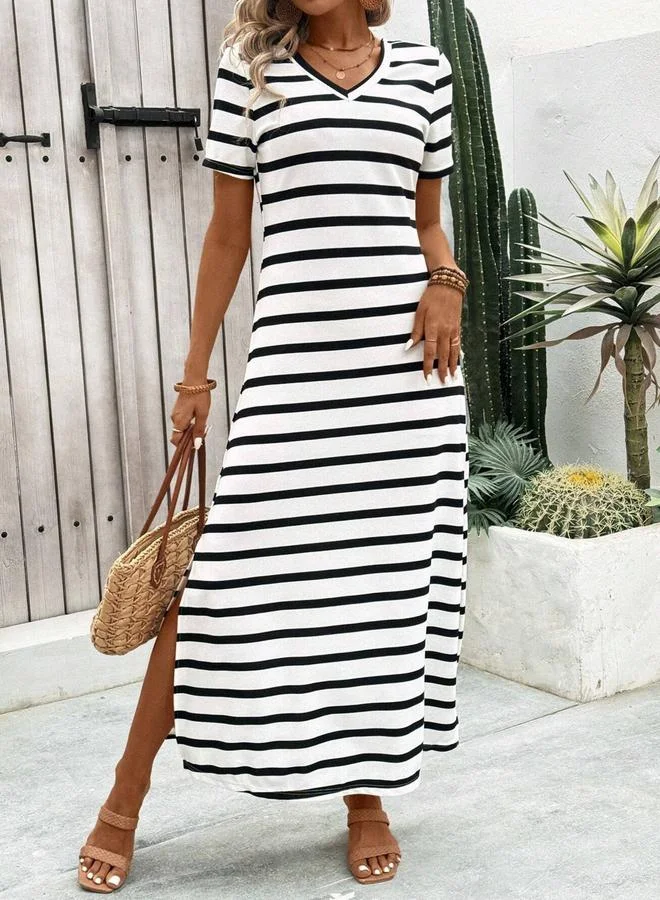 تايك تو فستان طويل مخطط بأكمام قصيرة وفتحة جانبية