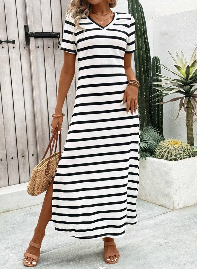 تايك تو فستان طويل مخطط بأكمام قصيرة وفتحة جانبية - Image 1