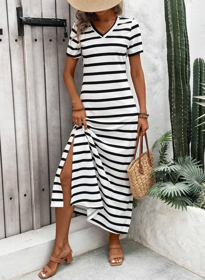 تايك تو فستان طويل مخطط بأكمام قصيرة وفتحة جانبية - Image 4