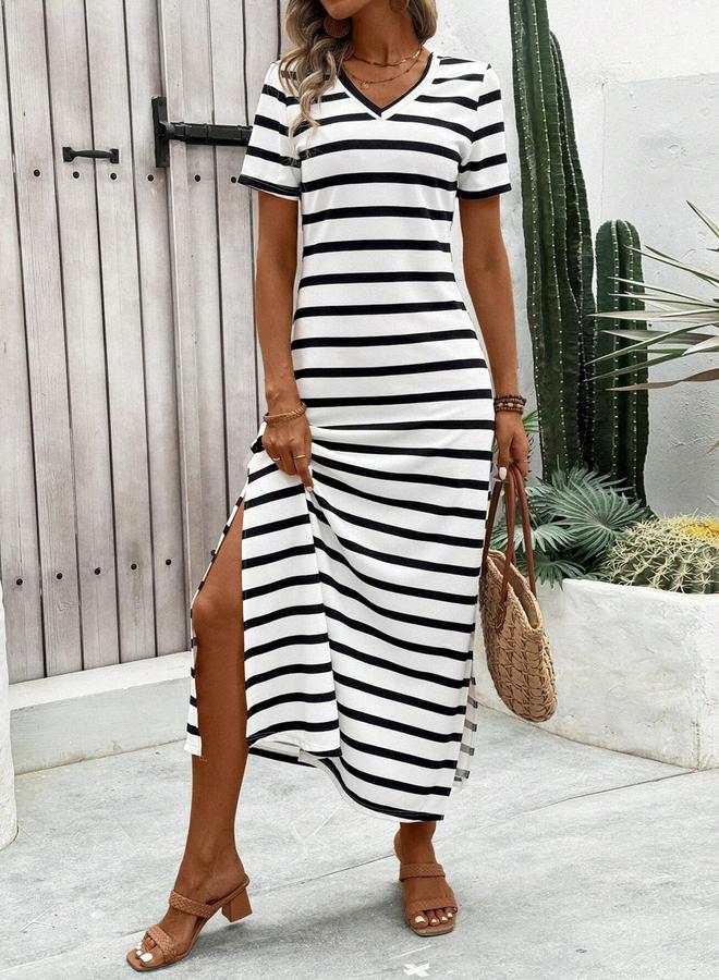 تايك تو فستان طويل مخطط بأكمام قصيرة وفتحة جانبية - Image 3