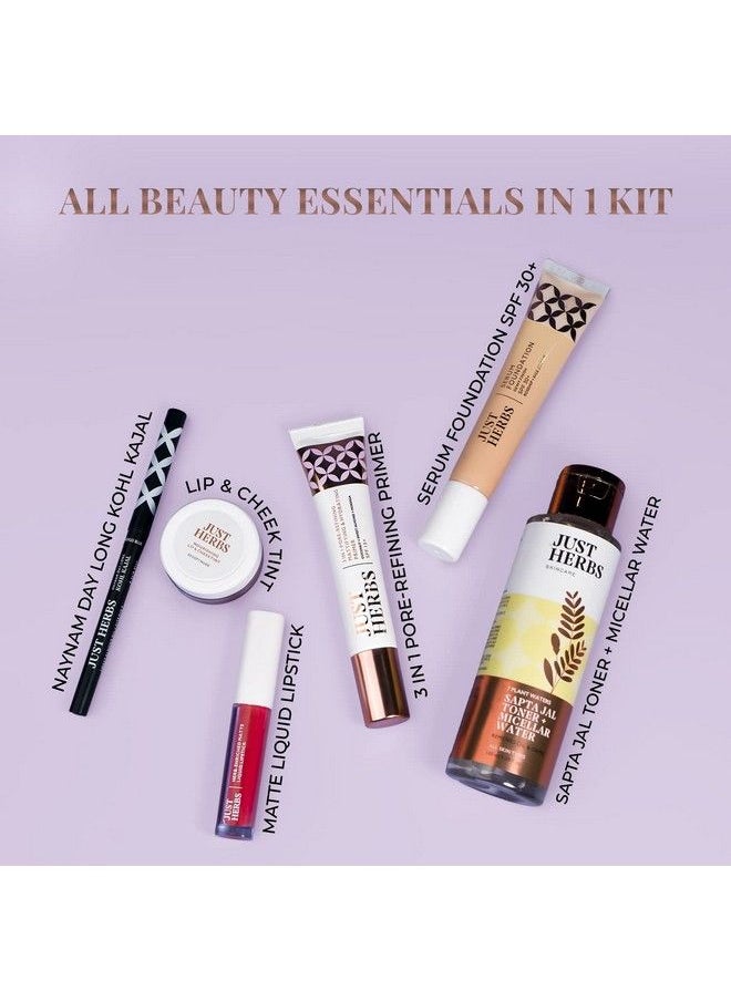 Just Herbs Makeup Kit For Women With Kohl Kajal 3 In 1 Primer Liquid Lipstick Serum Foundation Saptajal Toner And Lip & Cheeck Tint (Combo Gift Set)  - Image 3