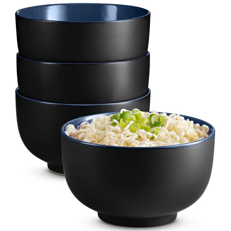 KooK Ramen Bowl, Japanese Bowls, Noodle Bowls, Large Soup Bowl, Ceramic, Large Capacity, For Ramen, Pho, Udon, Soba, Microwave and Dishwasher Safe, 34 oz, Set of 4 (Black/Navy) - Image 1