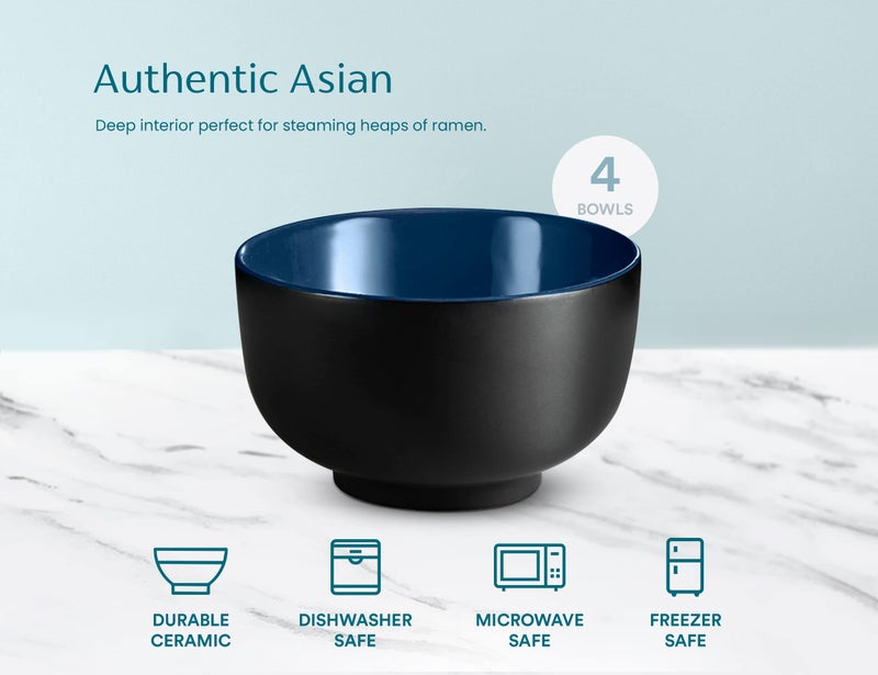 KooK Ramen Bowl, Japanese Bowls, Noodle Bowls, Large Soup Bowl, Ceramic, Large Capacity, For Ramen, Pho, Udon, Soba, Microwave and Dishwasher Safe, 34 oz, Set of 4 (Black/Navy) - Image 5