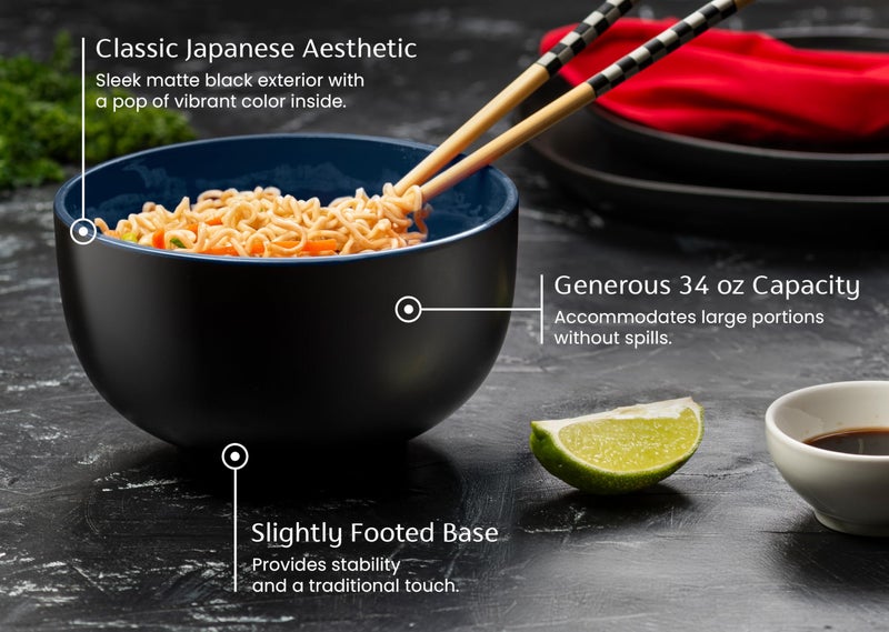 KooK Ramen Bowl, Japanese Bowls, Noodle Bowls, Large Soup Bowl, Ceramic, Large Capacity, For Ramen, Pho, Udon, Soba, Microwave and Dishwasher Safe, 34 oz, Set of 4 (Black/Navy) - Image 3