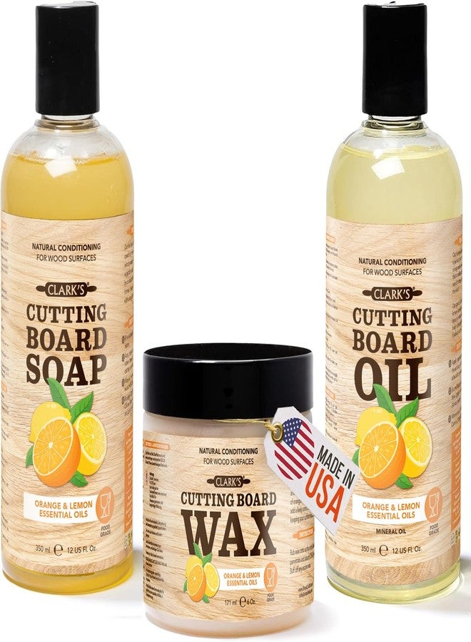 CLARK'S Cutting Board Oil (12oz), Wood Wax (6oz) and Cleaner (12oz) Set – Food-Grade Mineral Oil for Wood Cutting Board - Scented with Orange & Lemon Essential Oils - Made in USA - Image 1