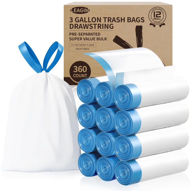 LEAGIM Small Trash Bags 3 Gallon, 360 Count -1.2 Mil Drawstring Mini Garbage Bags, White Plastic Trash Can Liners for Bathroom Accessories, 12 Liter, Bedroom, Dorm Room Essentials, Office - Image 1