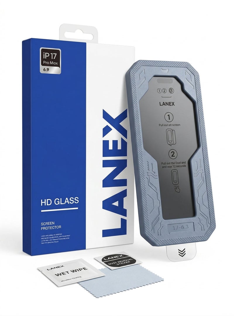 لانيكس شاشة حماية زجاجية فاخرة لهاتف ايفون 17 برو ماكس (iPhone 17 Pro Max) مقاس 6.9 بوصة مع صندوق تركيب تلقائي وأدوات تنظيف - زجاج مقوى عالي الشفافية (HD) - Image 1