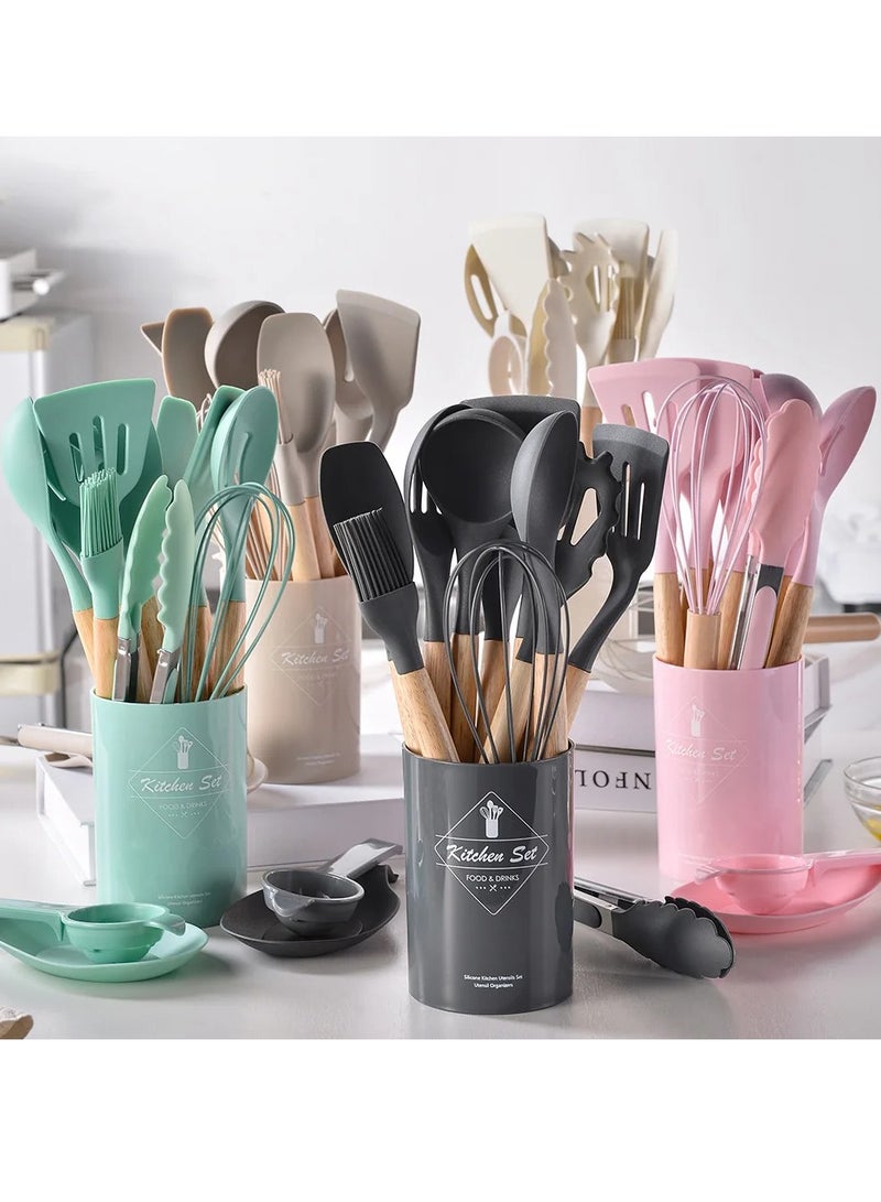 AROAQ 12pcs Silicone Kitchen Utensils Set With Wooden Handle And Storage Bucket, Heat Resistant Silicone Kitchen Spatulas Set, (Green)  - Image 3