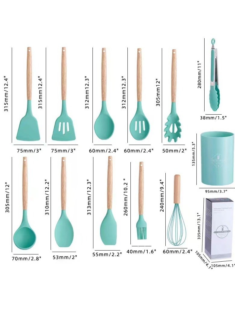 AROAQ 12pcs Silicone Kitchen Utensils Set With Wooden Handle And Storage Bucket, Heat Resistant Silicone Kitchen Spatulas Set, (Green)  - Image 4