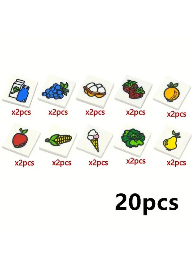 20Pcs Mixed Color Flat Smooth Building Blocks 2x2 Printed Fruits Food DIY Bricks - Image 1