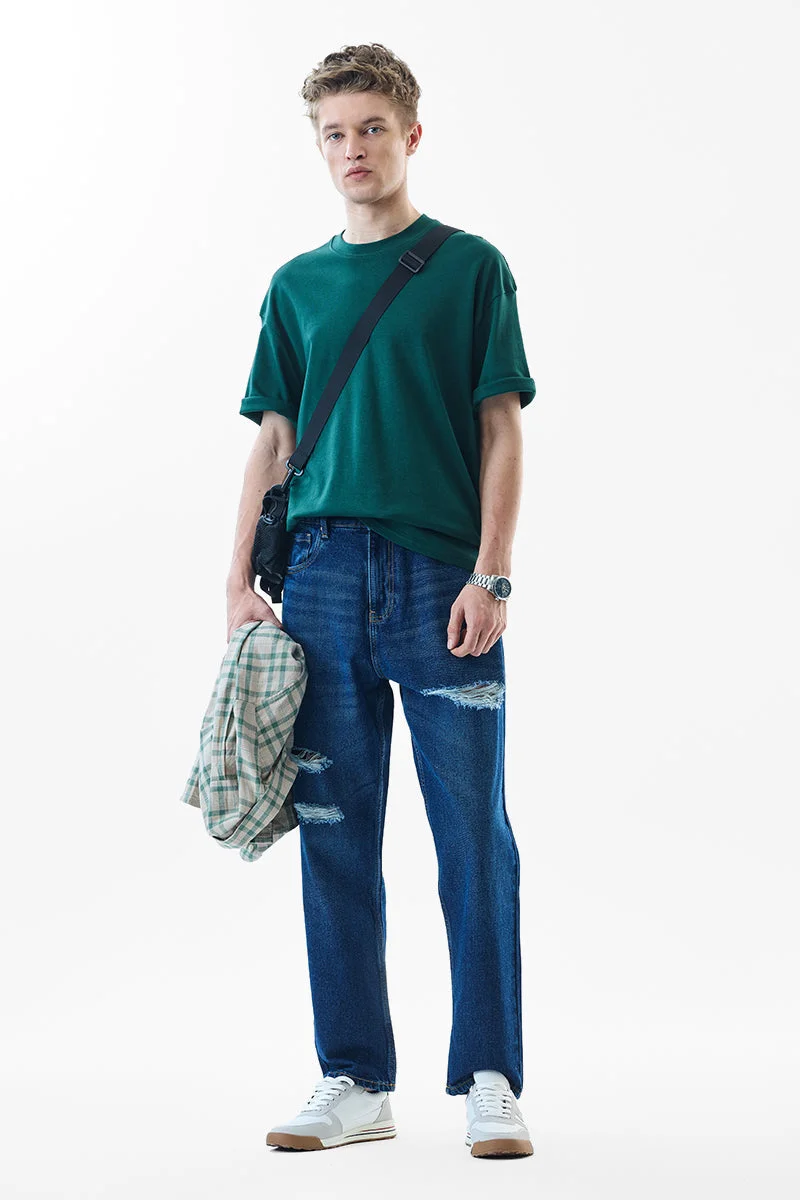 SNITCH Blue Solid Wide Leg Streetwear Jeans