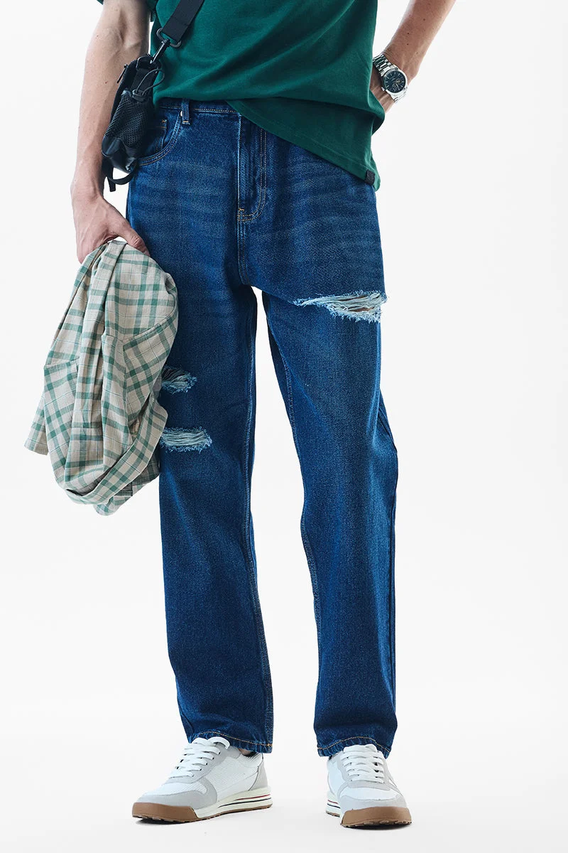 SNITCH Blue Solid Wide Leg Streetwear Jeans