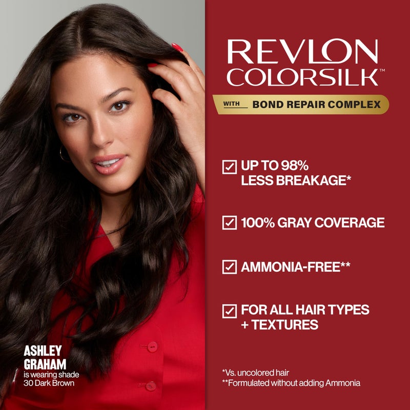Revlon ريفلون كولور سيلك مع مركب إصلاح الروابط، لون شعر بني دائم، تغطية 100% للشيب، صبغة شعر خالية من الأمونيا، كيراتين نباتي، 30 بني داكن (عبوة من 3) - Image 4