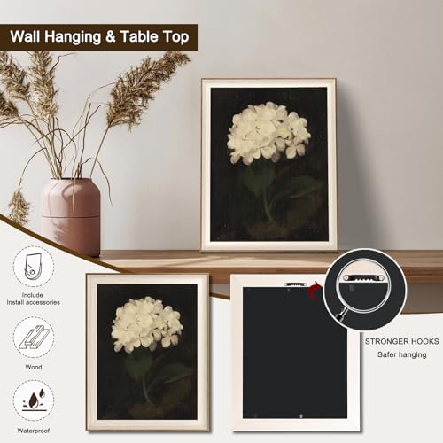 UNIRO Framed Flower Wall Art Vintage White Hydrangea Still Life Floral Art Prints Moody Vintage Canvas Oil Painting Antique Botanical Floral Wall Decor Pictures for Bedroom Kitchen Shelf Bathroom Wall Decor 16x24Inch - Image 3