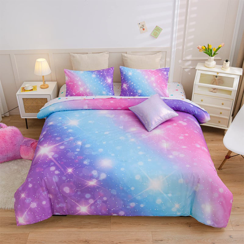 A Nice Night 6Pcs Gradient Glitter Bedding Set for Girls Colorful Rainbow Galaxy Comforter Set Ultra Soft Bedding Sets PurpleQueen 6Pcs