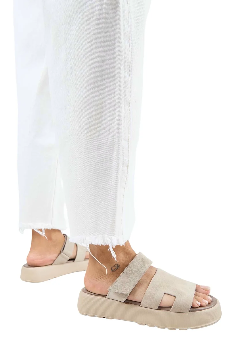Manijero Manijero Seina Women's Genuine Leather Velcro Slippers Beige