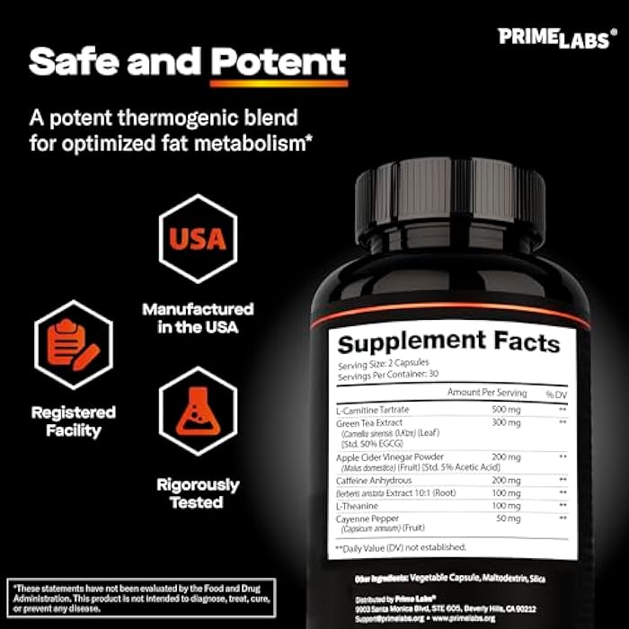 Prime Labs Thermogenic Fat Burner for Men - Weight Loss Supplement - with L-Carnitine, Caffeine, & Green Tea - Thermogenic Energy & Metabolic Support - Third-Party Tested, Made in The USA - 60 Count - Image 4