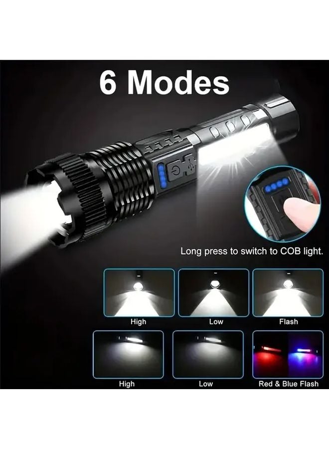 مصباح يدوي تكتيكي عالي الطاقة بشحن USB، بتقنية تكبير LED للكامبينغ باللون الأسود - Image 4