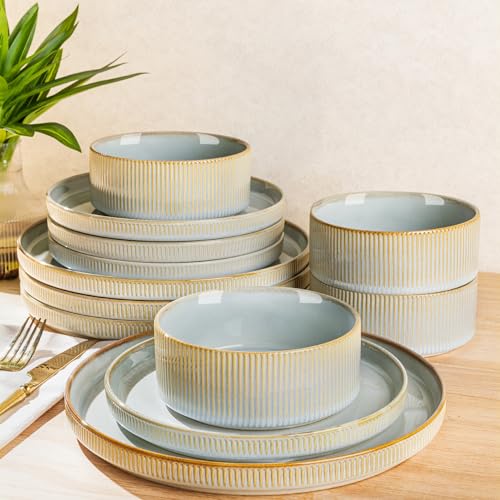 TheTerra Ceramic Dinnerware Sets for 6, 18 Pieces Porcelain Lightweight Plates and Bowls Sets, Scratch Resistant Dish Set, Oven & Microwave & Dishwasher Safe, Illusion Blue - Image 1