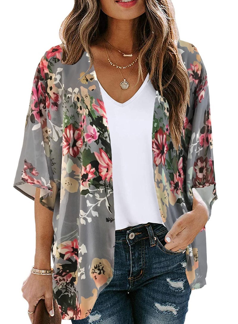 Floral Print Puff Sleeve Kimono Cardigan Loose Cover Up Casual Blouse Tops, Dark Grey - Image 1
