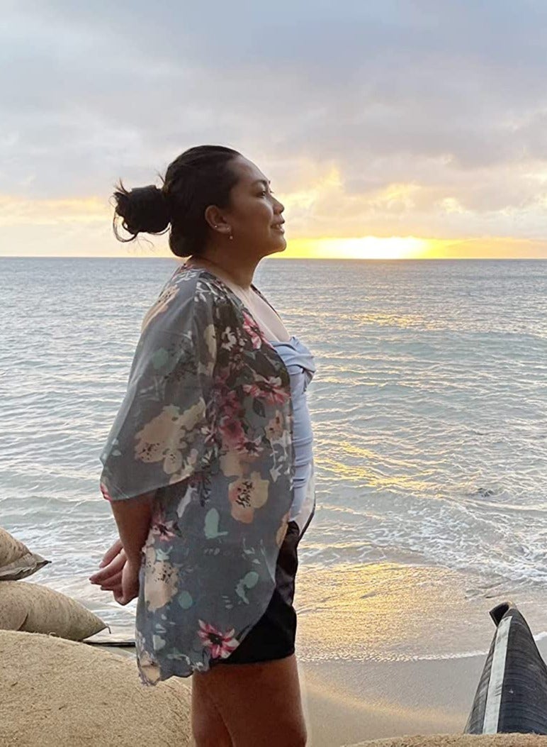 Floral Print Puff Sleeve Kimono Cardigan Loose Cover Up Casual Blouse Tops, Dark Grey - Image 2