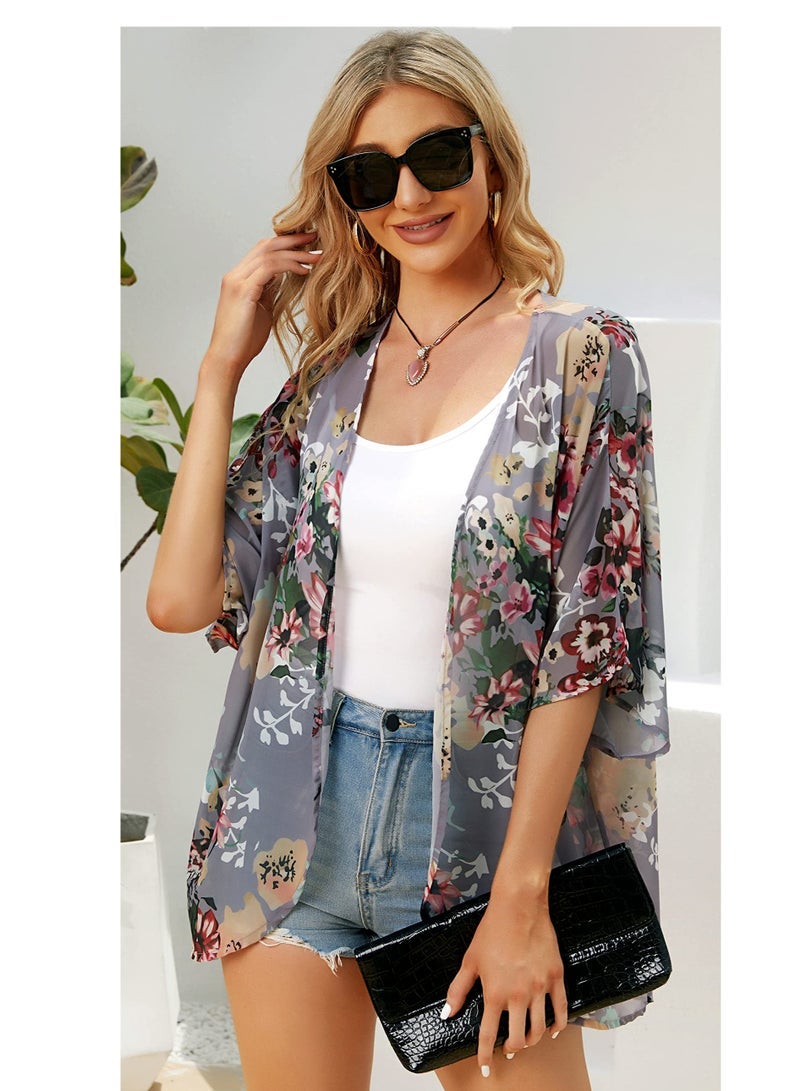 Floral Print Puff Sleeve Kimono Cardigan Loose Cover Up Casual Blouse Tops, Dark Grey - Image 3