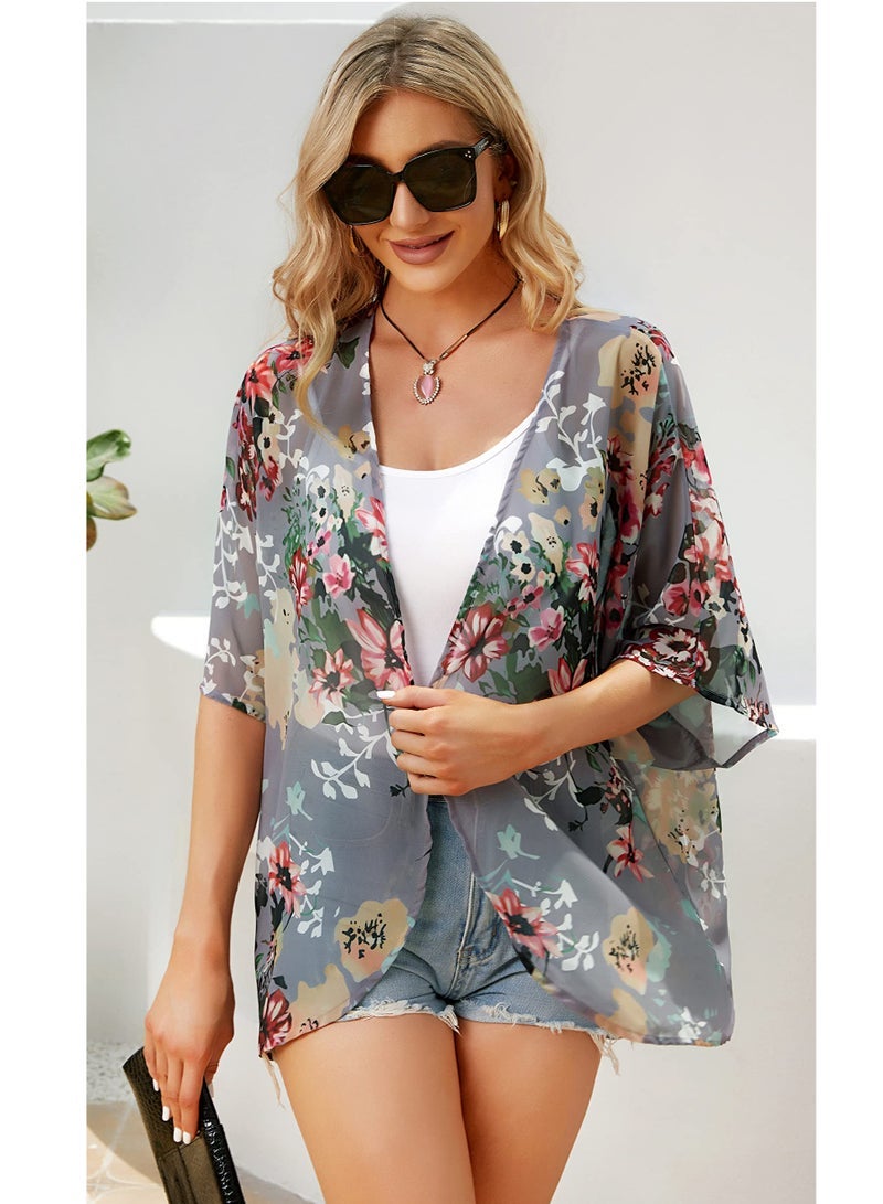 Floral Print Puff Sleeve Kimono Cardigan Loose Cover Up Casual Blouse Tops, Dark Grey - Image 4