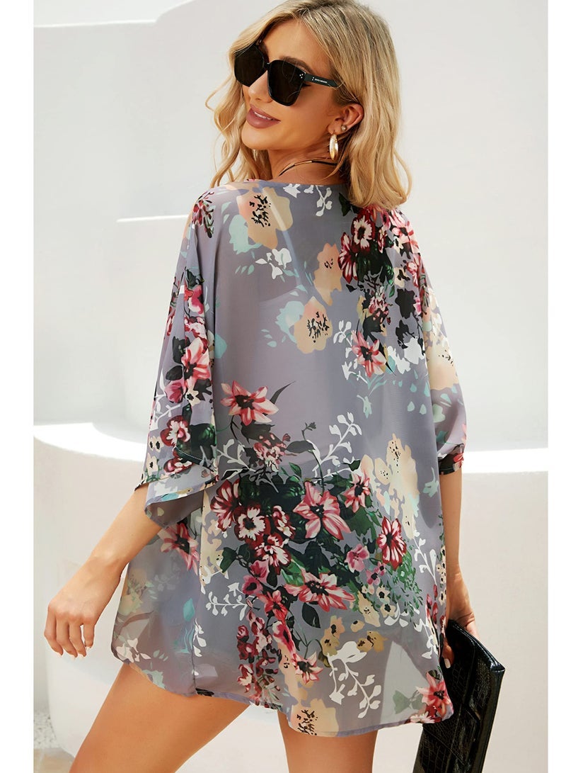 Floral Print Puff Sleeve Kimono Cardigan Loose Cover Up Casual Blouse Tops, Dark Grey - Image 5