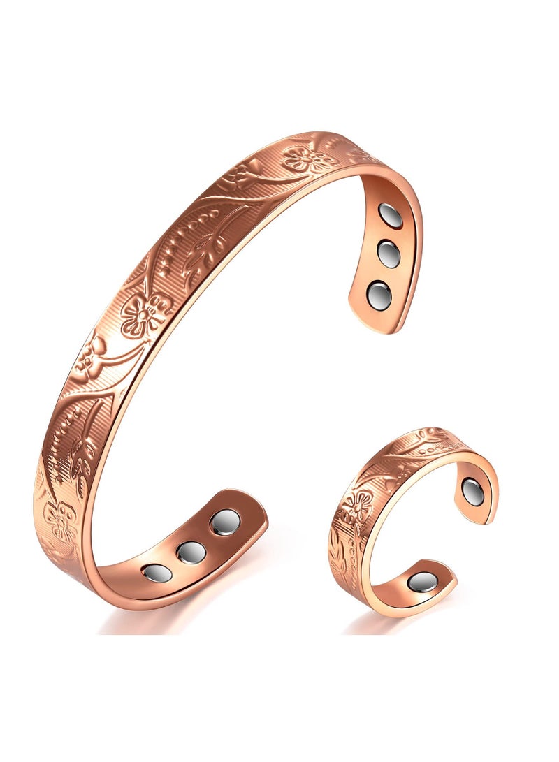 Excefore Vintage Copper Magnetic Bracelet, 2-in-1 Adjustable Bracelet and Ring Sets, Pain Management Bracelet Carpal Wrist Pain Relief - Image 1