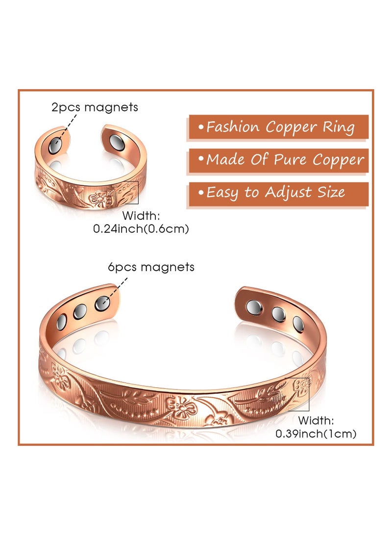 Excefore Vintage Copper Magnetic Bracelet, 2-in-1 Adjustable Bracelet and Ring Sets, Pain Management Bracelet Carpal Wrist Pain Relief - Image 2