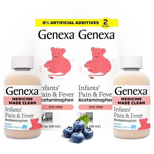 Genexa Genexa Infants Clean Pain Fever Acetaminophen Dye Free 0 Artificial Additives Delicious Organic Blueberry Flavor Liquid Oral Suspension Medicine for Baby 160 mg per 5mL 4 fl oz 2 Pack 