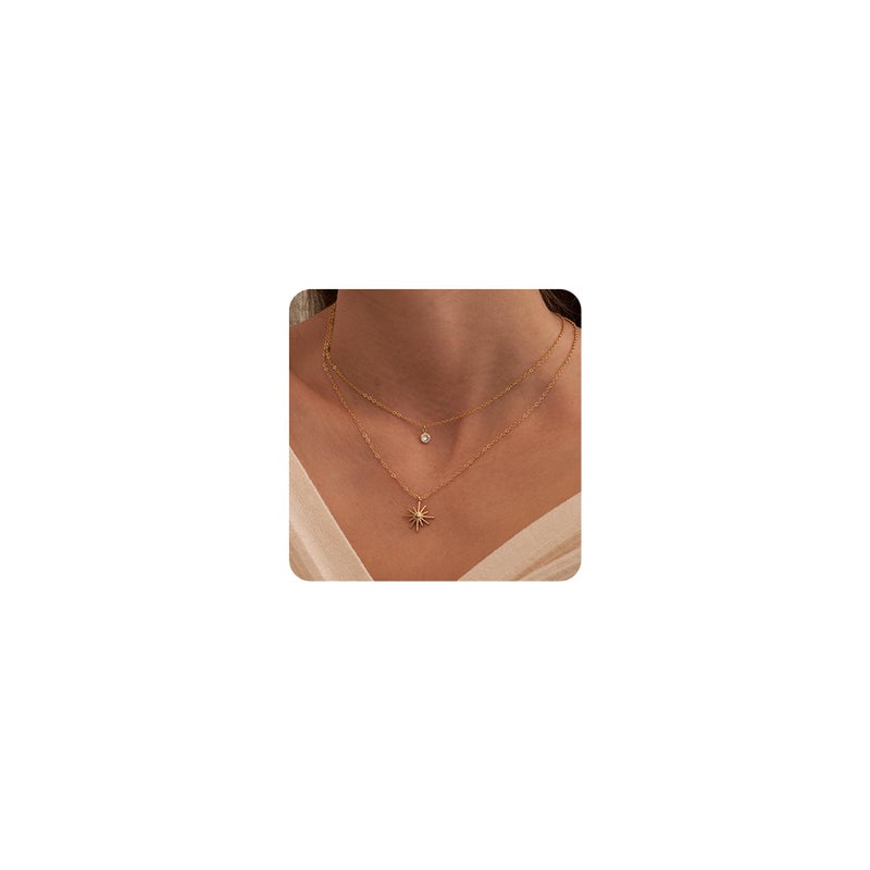 Tewiky Layered 14K Gold Plated Star Necklace for Women, Dainty Long Simple Small CZ Rhinestone Pendant Necklace Jewelry Set Gifts - Image 1