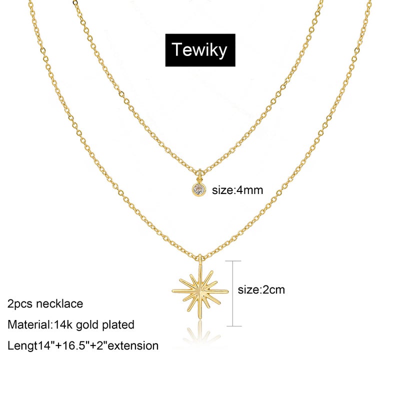 Tewiky Layered 14K Gold Plated Star Necklace for Women, Dainty Long Simple Small CZ Rhinestone Pendant Necklace Jewelry Set Gifts - Image 5