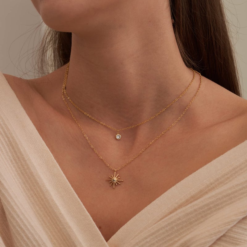Tewiky Layered 14K Gold Plated Star Necklace for Women, Dainty Long Simple Small CZ Rhinestone Pendant Necklace Jewelry Set Gifts - Image 3