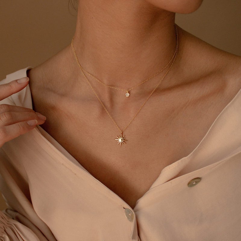 Tewiky Layered 14K Gold Plated Star Necklace for Women, Dainty Long Simple Small CZ Rhinestone Pendant Necklace Jewelry Set Gifts - Image 2