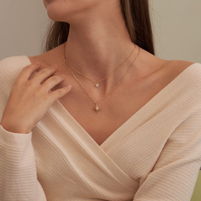 Tewiky Layered 14K Gold Plated Star Necklace for Women, Dainty Long Simple Small CZ Rhinestone Pendant Necklace Jewelry Set Gifts - Image 4