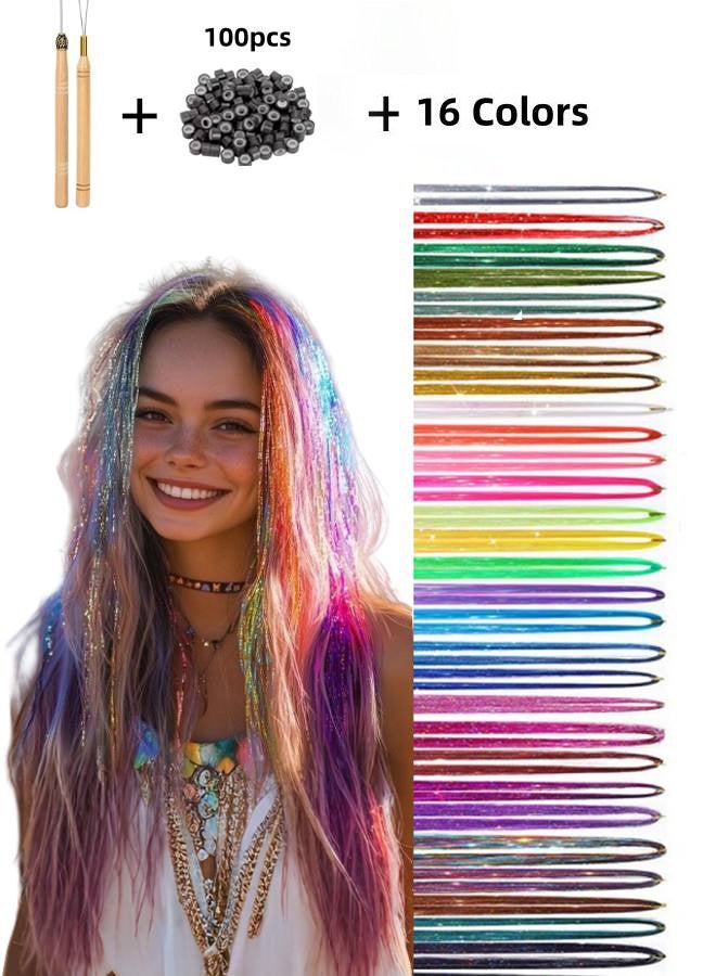 Hair Tinsel, Fairy Tinsel Hair Extensions with 16 Colors 35In 2400 Strands Hair Tinsel Heat Resistant, Glitter Hair Extensions for Women, Hair Accessories for Halloween Christmas Cosplay Party - Image 1