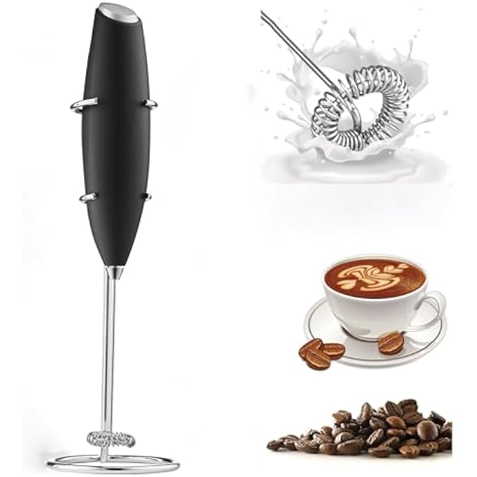 غنافوتو مُرغِّف قهوة، مُرغِّف حليب قوي محمول باليد مع حامل، مُرغِّف للكابتشينو، فرابيه، شوكولاتة ساخنة، كريمة ماتشا، يعمل بالبطارية، لون أسود - Image 1