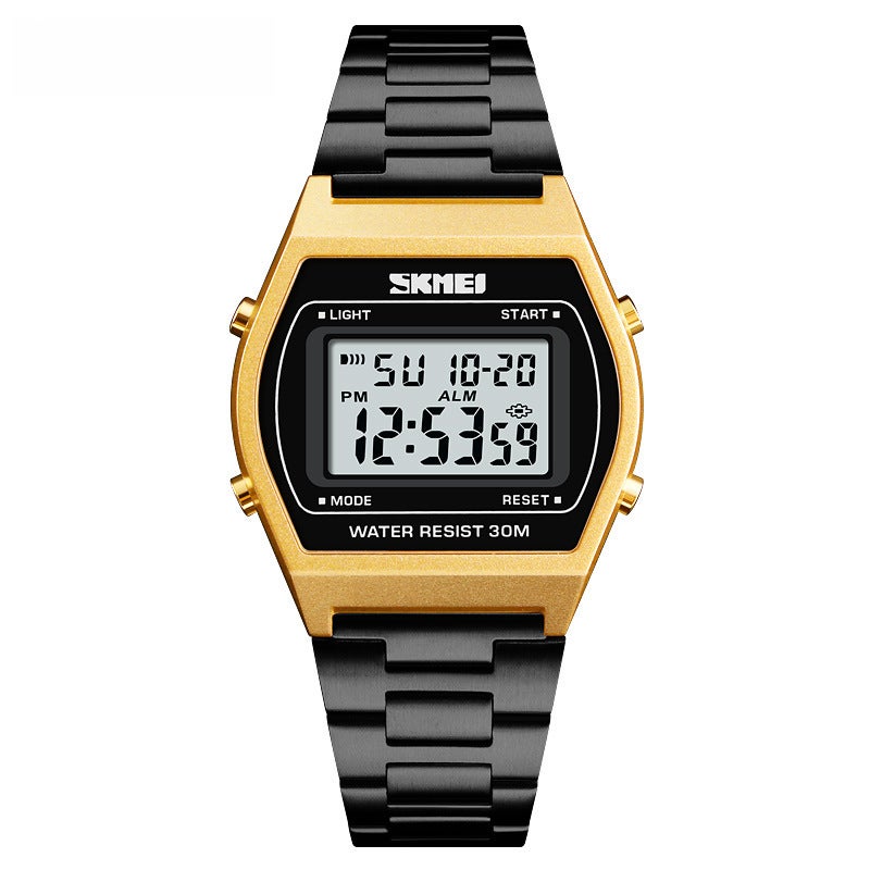SKME Womens Waterproof Digital Watch, Student-Friendly Illuminated Alarm Gold shell Black Belt