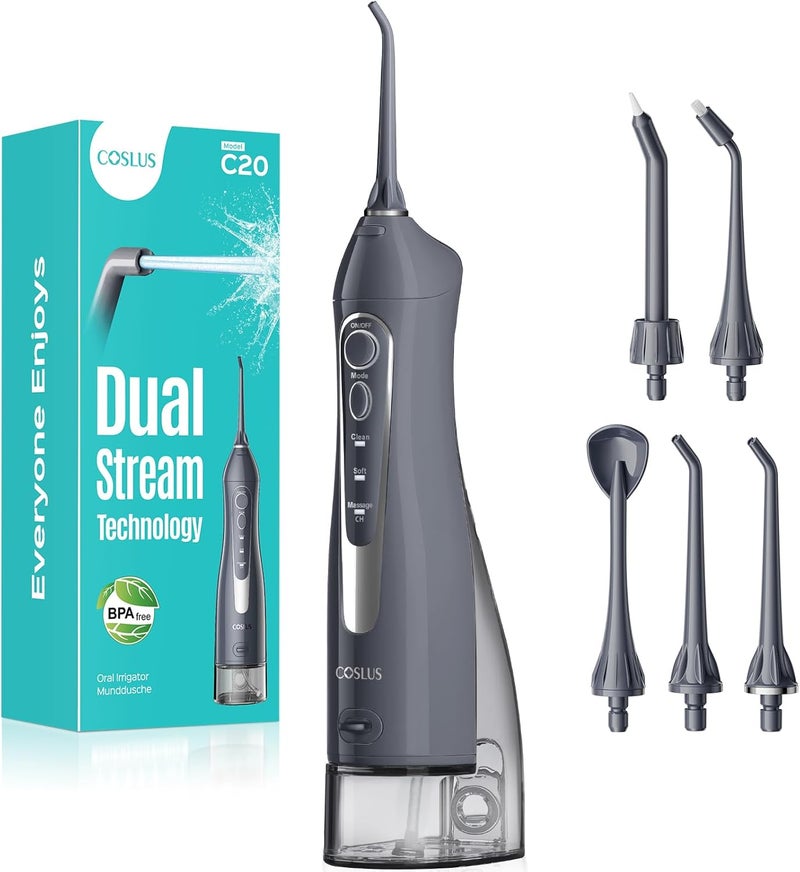 كوسلوس C20 Water Flosser: خيط تنظيف بالماء للعناية بالأسنان واللثة، لاسلكي، خزان مياه كبير، تنظيف عميق، قابل لإعادة الشحن، مقاوم للماء، خالي من مادة BPA، متعدد الفوهات، مناسب للاستخدام المنزلي وأثناء السفر، اللون رمادي. - Image 1